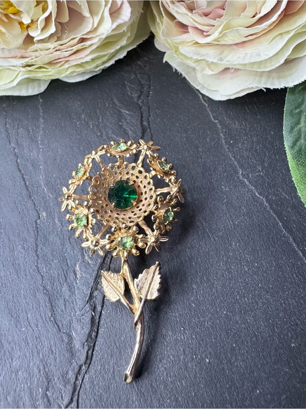 Vintage Gold-Tone Green Crystal Floral Brooch - Women Jewelry